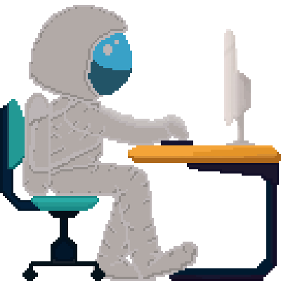 Floating astronaut typing on a computer.